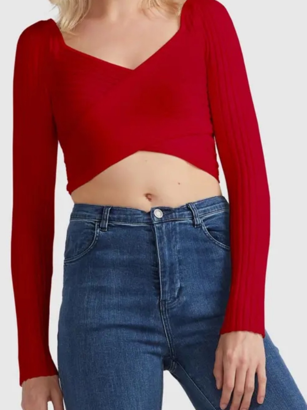 Express Red Surplice Crop Long Sleeve Top New sz Large